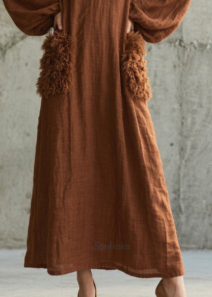 Handmade Brown V Neck Patchwork Faux Fur Maxi Dresses Fall