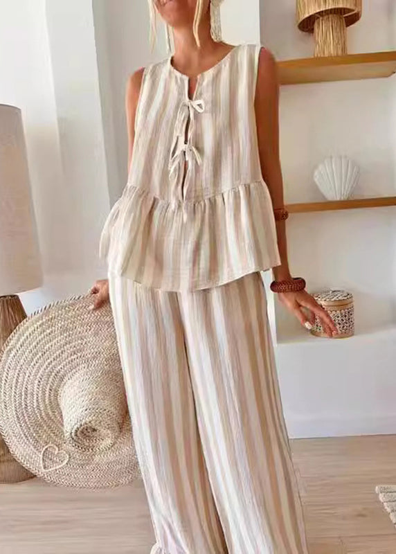 Handmade Camel O-neck Striped Top and Wide Leg Pants Two Pieces Set Summer