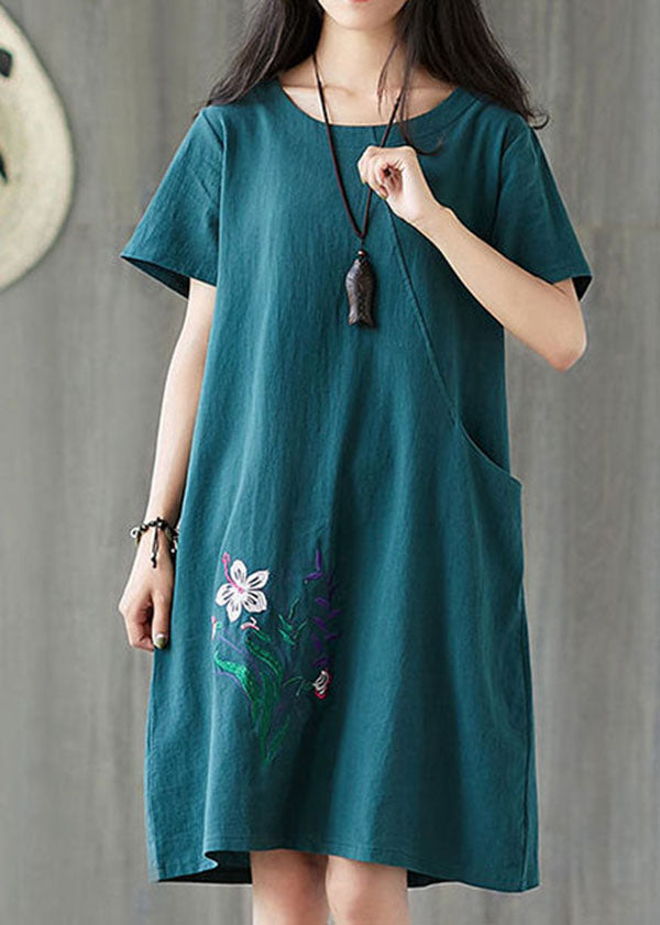 Handmade Caramel O-neck Embroideried Pocket Cotton Mid Dress Short Sleeve