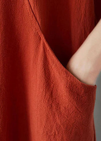 Handmade Caramel O-neck Embroideried Pocket Cotton Mid Dress Short Sleeve
