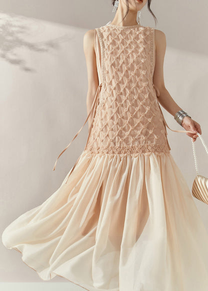 Handmade Champagne O-neck Tie Waist Tulle Patchwork Long Dress Sleeveless