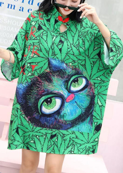 Handmade Chinese Button Cotton Quilting Dresses Neckline Green Prints Dresses Summer