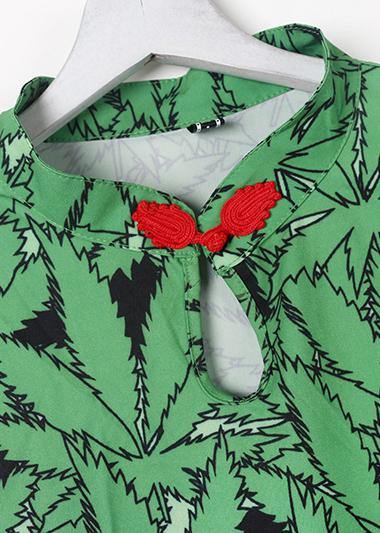 Handmade Chinese Button Cotton Quilting Dresses Neckline Green Prints Dresses Summer