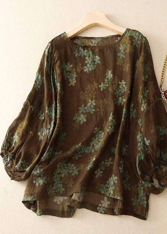Handmade Coffee O-neck Print Top Lantern Sleeve