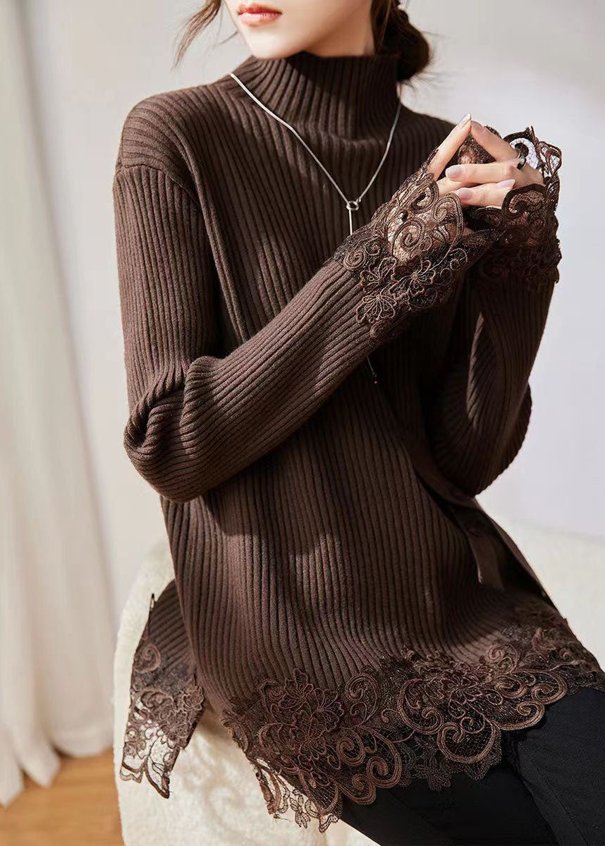 Coffee Turtleneck Lace Patchwork Cotton Knit Sweater Long Sleeve