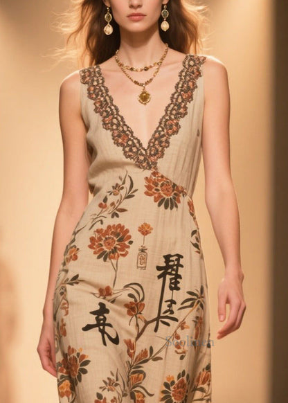 Handmade Coffee V Neck Print Cotton Straight Dress Sleeveless