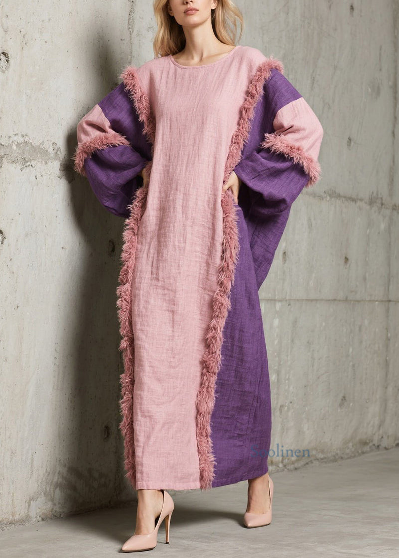 Handmade Colorblock O Neck Fuzzy Fur Patchwork Cotton Dress Fall