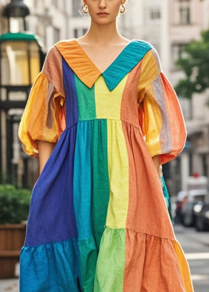 Handmade Colorblock Oversized Patchwork Cotton Dresses Lantern Sleeve