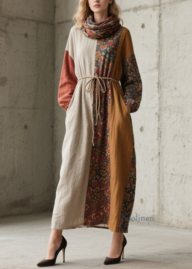 Handmade Colorblock Print Pockets Lace Up Cotton Dress Fall