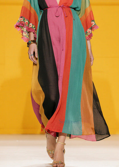 Handmade Colorblock Ruffled Striped Silk Cotton Holiday Dress Summer