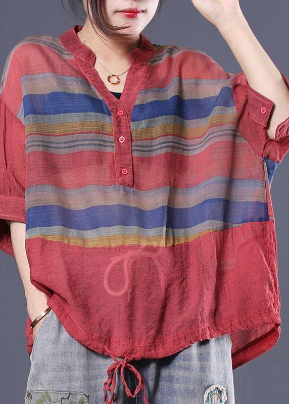 Handmade Cotton Striped Tops Fitted Retro Half Sleeve V Neck Blouse