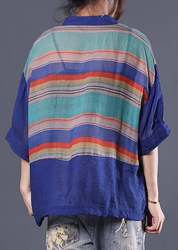 Handmade Cotton Striped Tops Fitted Retro Half Sleeve V Neck Blouse