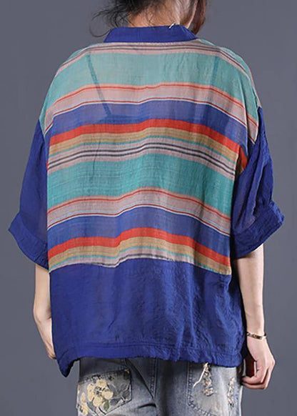 Handmade Cotton Striped Tops Fitted Retro Half Sleeve V Neck Blouse