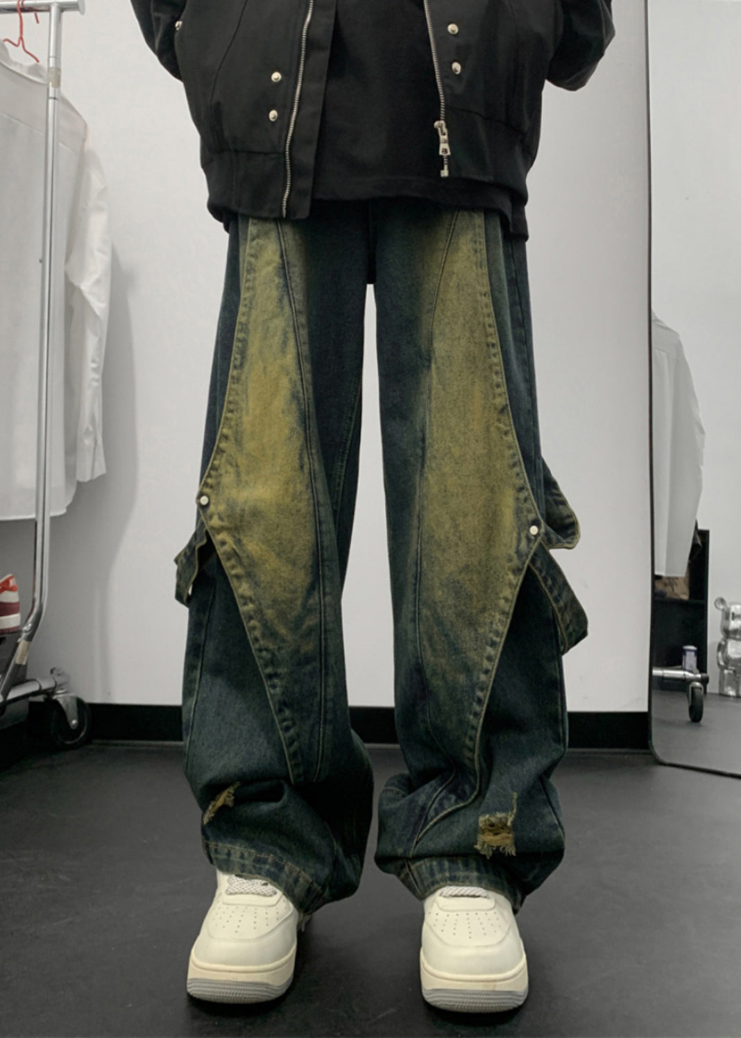 Handmade Denim Blue Pockets Patchwork Straight Pants Summer