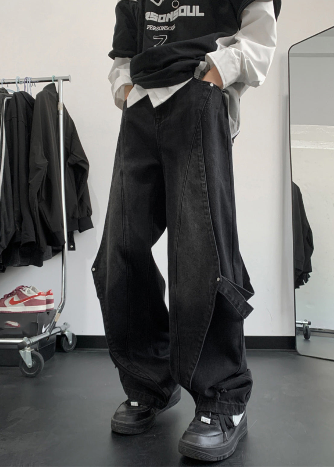 Handmade Denim Blue Pockets Patchwork Straight Pants Summer