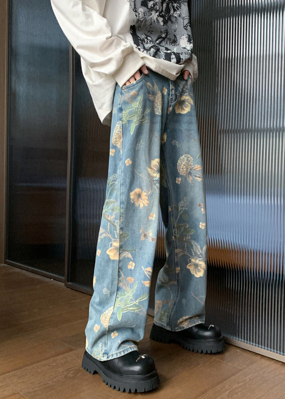 Handmade Denim Blue Pockets Print Trousers Summer
