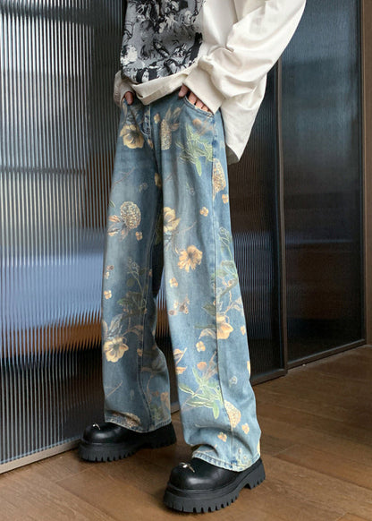 Handmade Denim Blue Pockets Print Trousers Summer