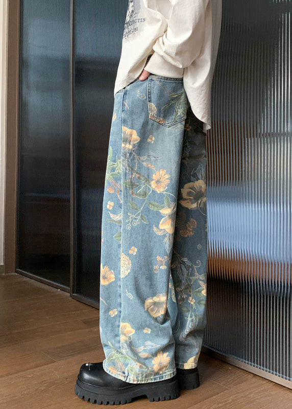 Handmade Denim Blue Pockets Print Trousers Summer