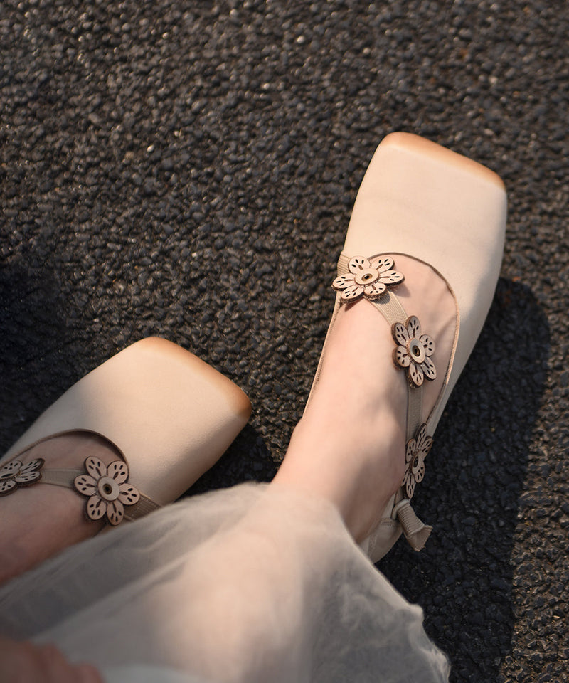 Handmade Splicing Chunky Shoes Beige Cowhide Leather