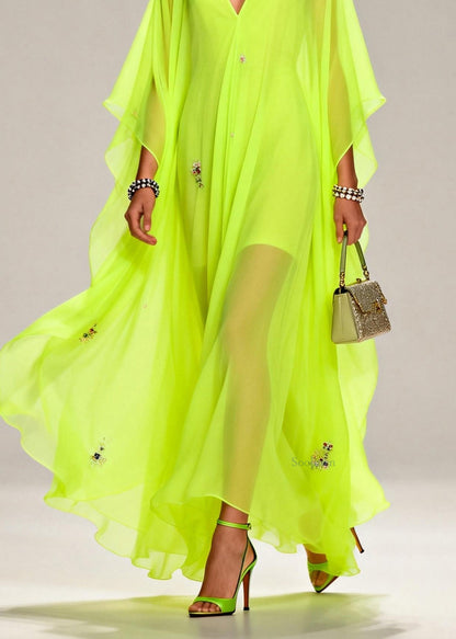 Handmade Fluorescent Green V Neck Zircon Chiffon Dresses Summer