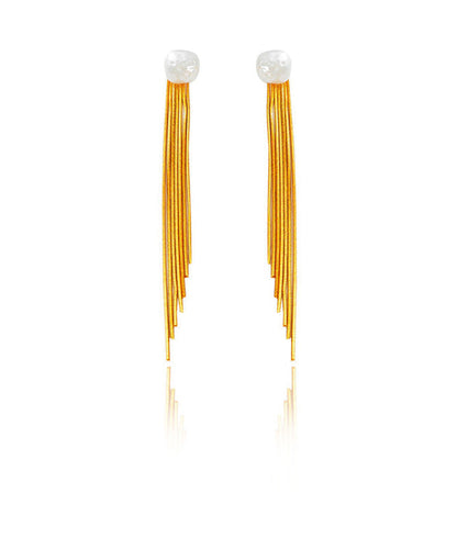 Handmade Gold Copper Tassel Pearl Stud Earrings