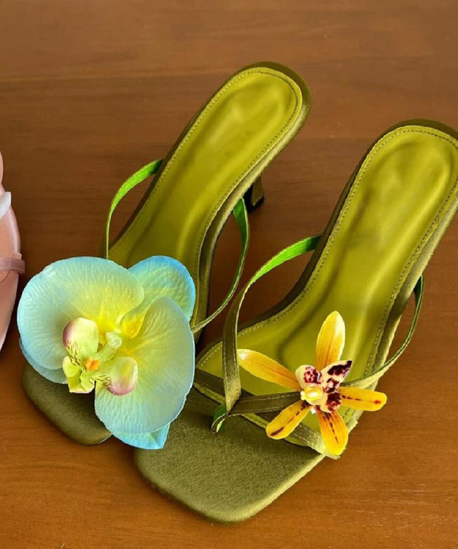 Handmade Green Asymmetrical Silk Stiletto Heels Flip Flops