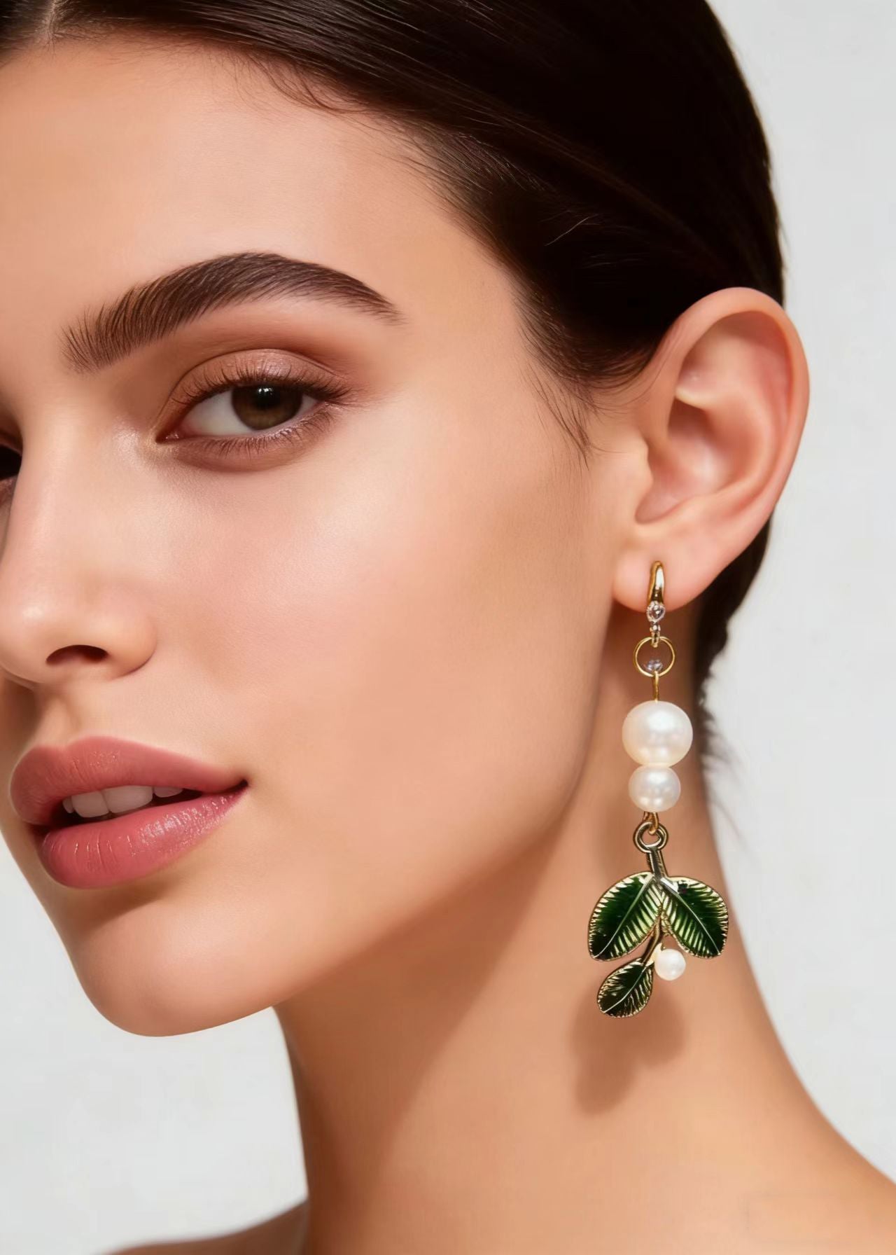 Handmade Green Leaf Pearl Zircon Drop Earrings