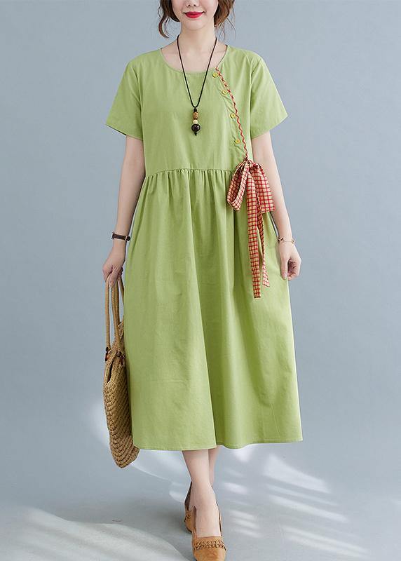 Handmade Green Loose Cotton Linen Summer Party Dress