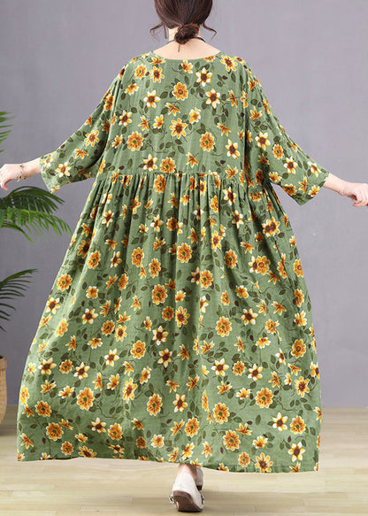Handmade Green O-neck Patchwork Maxi Dresses Bracelet Sleeve