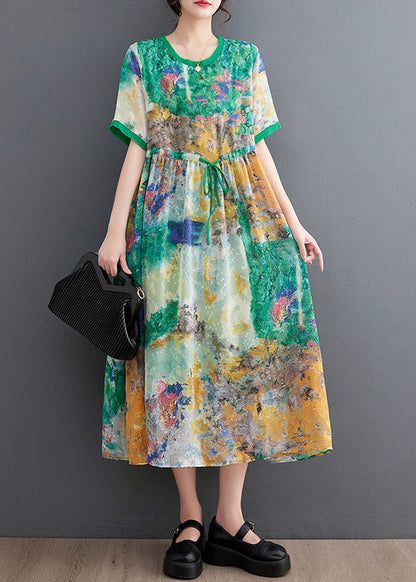 Handmade Green O-neck Print Patchwork Drawstring Maxi Dress Short Sleeve