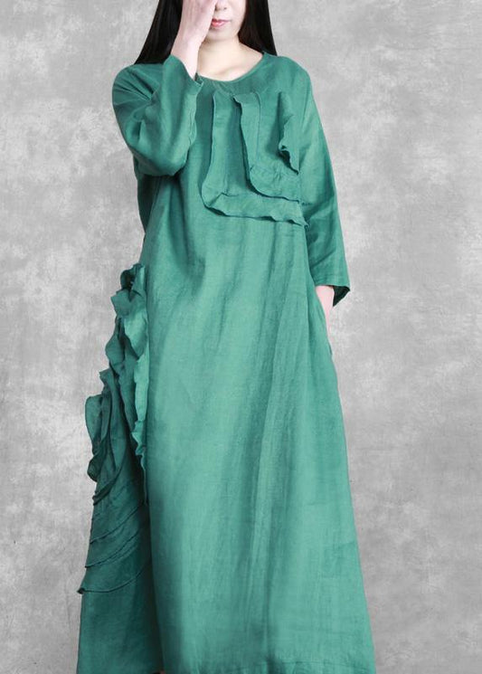 Handmade Green 3d Flower Linen Maxi Dress