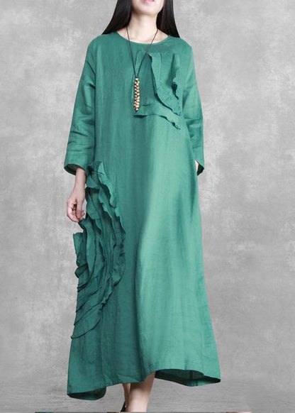Handmade Green 3d Flower Linen Maxi Dress