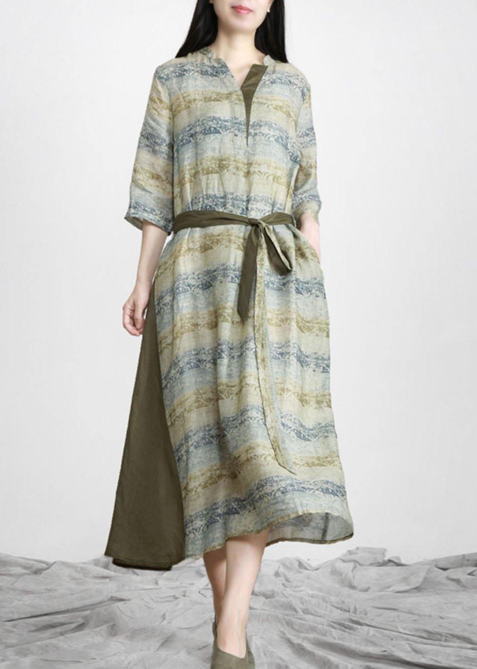 Handmade Green Print V Neck Robe Linen Dresses Half Sleeve
