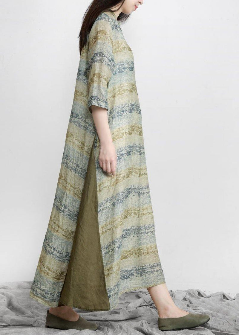 Handmade Green Print V Neck Robe Linen Dresses Half Sleeve