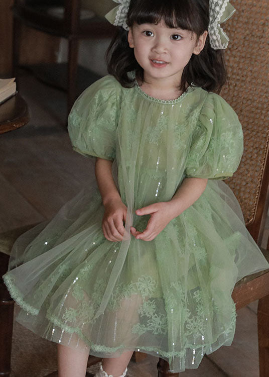 Handmade Green Sequins Patchwork Tulle Kids Dresses Puff Sleeve
