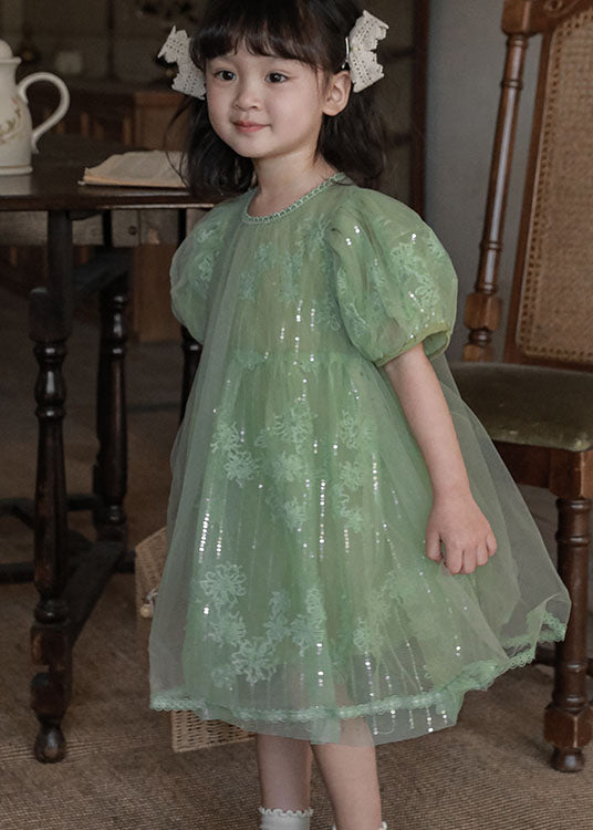 Handmade Green Sequins Patchwork Tulle Kids Dresses Puff Sleeve
