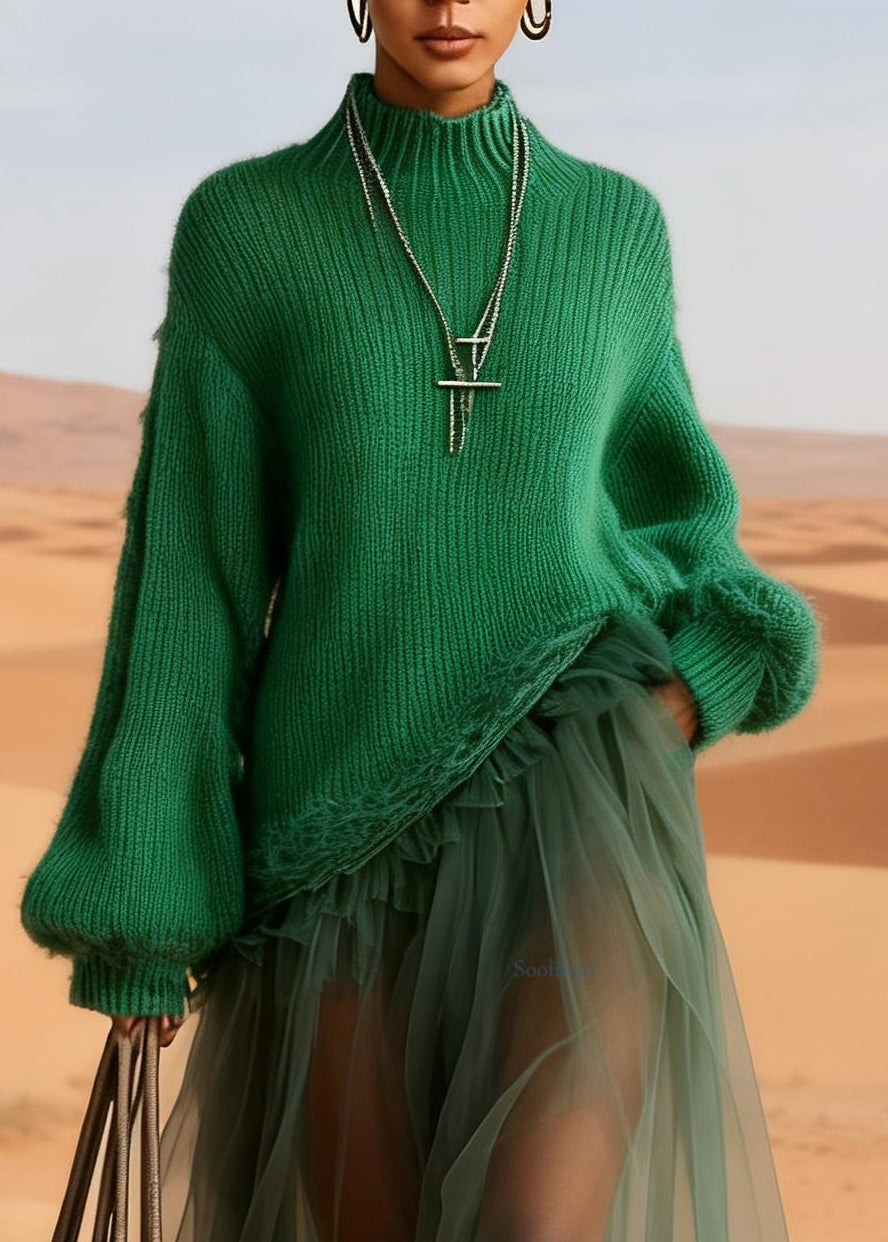Handmade Green Tulle Maxi Dresses Ruffled Knitted Cotton Patchwork Lanter Sleeve