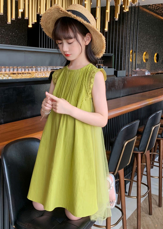Handmade Green Tulle Patchwork Cotton Kids Mid Dresses Sleeveless