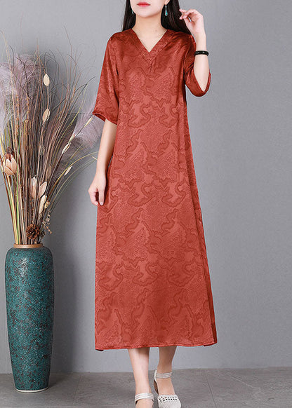 Handmade Green V Neck Jacquard Silk Long Dress Half Sleeve
