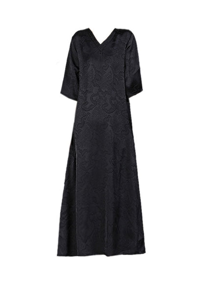 Handmade Green V Neck Jacquard Silk Long Dress Half Sleeve