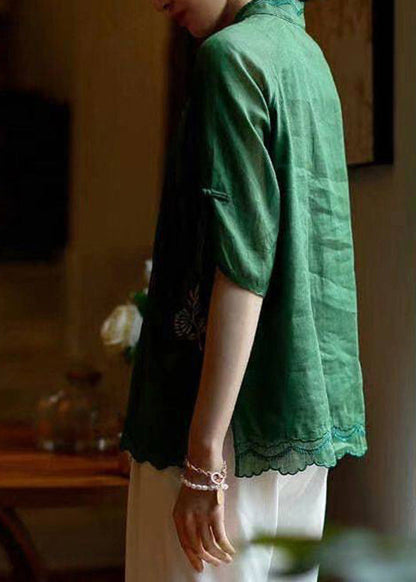 Handmade Green Side Open Mandarin Collar Tops Half Sleeve
