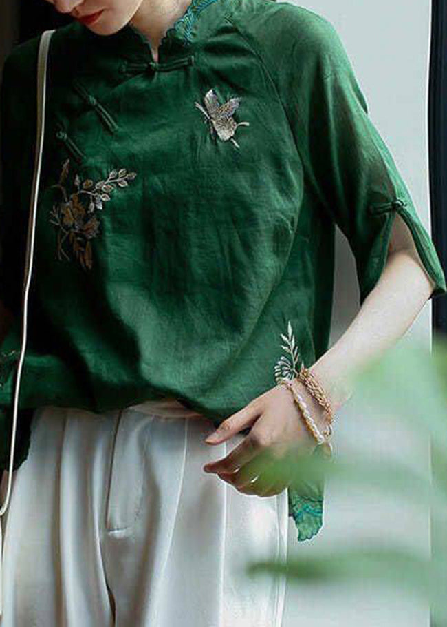 Handmade Green Side Open Mandarin Collar Tops Half Sleeve