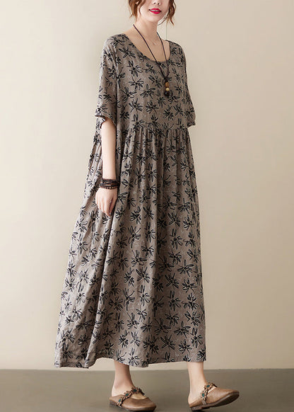 Handmade Grey O-neck Print Cotton Maxi Dress Short Sleeve