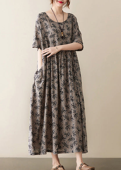 Handmade Grey O-neck Print Cotton Maxi Dress Short Sleeve