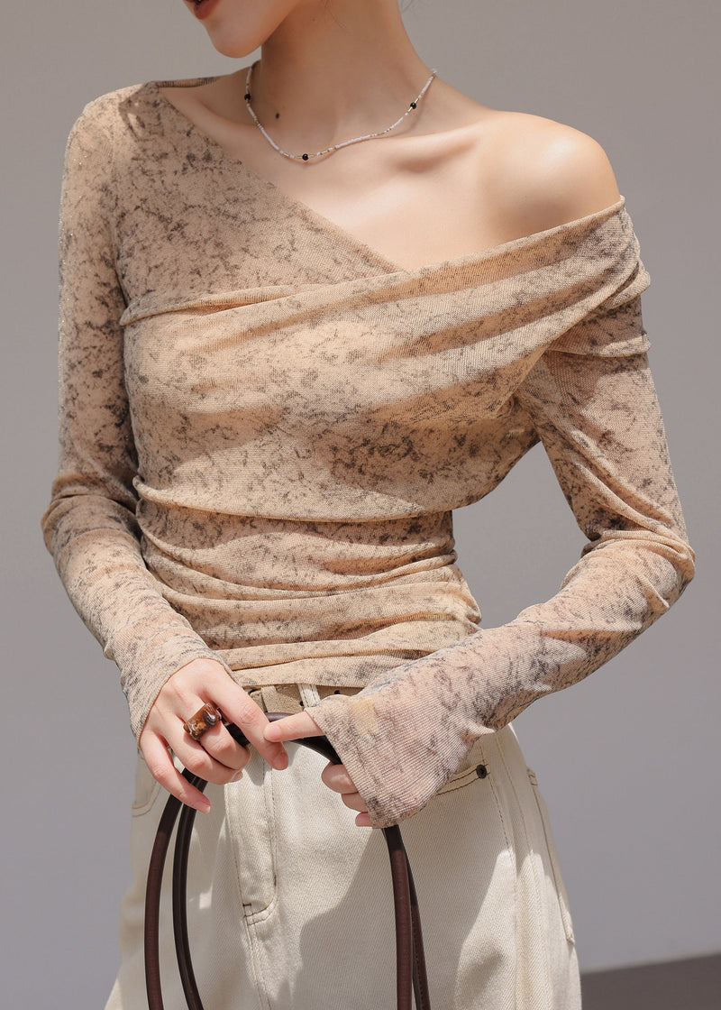 Handmade Khaki One Shoulder Print Chiffon Shirt Tops Spring