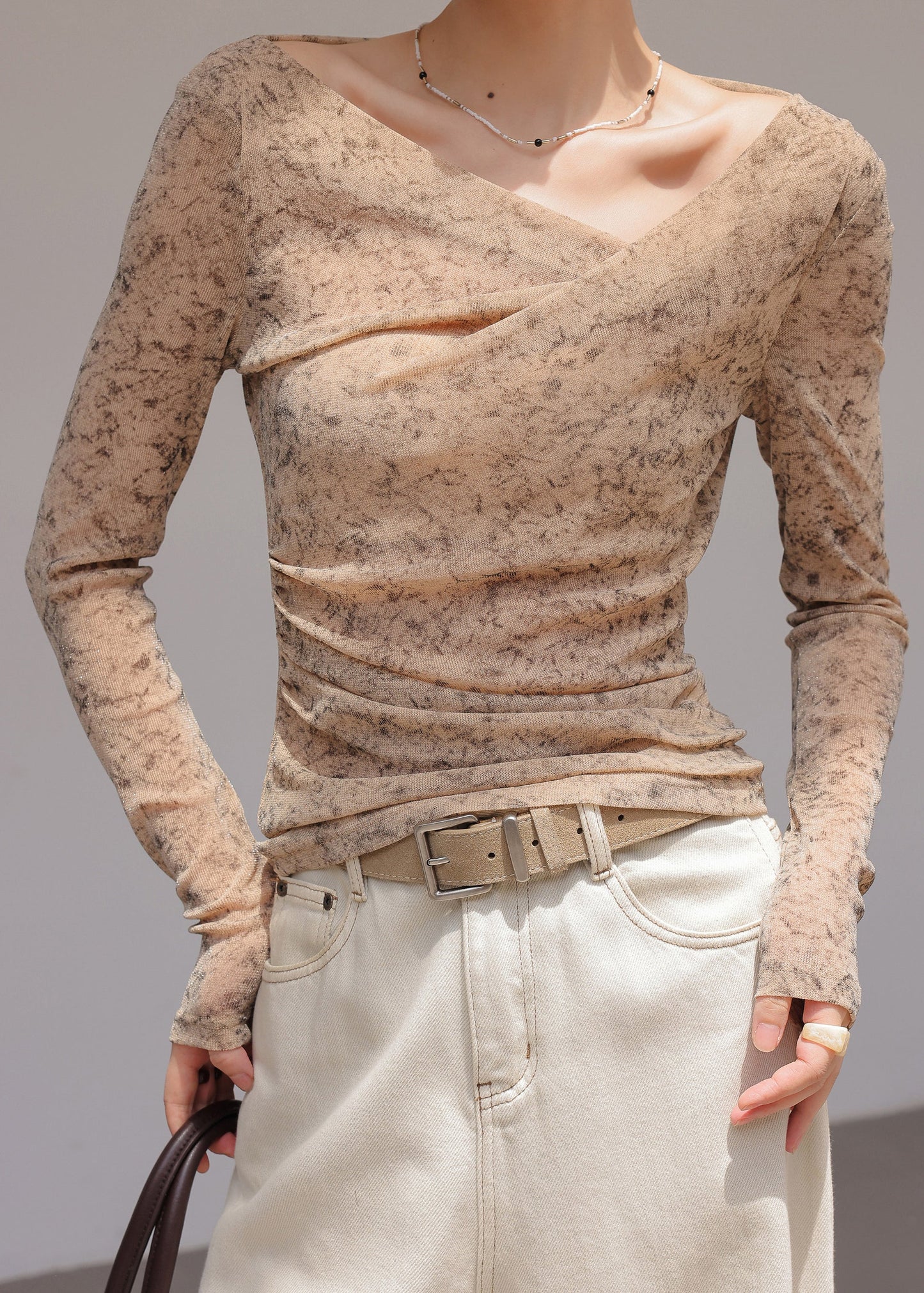 Handmade Khaki One Shoulder Print Chiffon Shirt Tops Spring