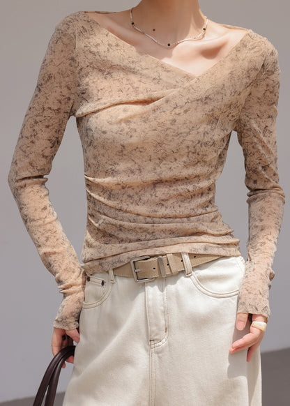 Handmade Khaki One Shoulder Print Chiffon Shirt Tops Spring