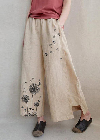 Handmade Green Bird Dandelion Wide Leg Pants Summer Cotton Linen