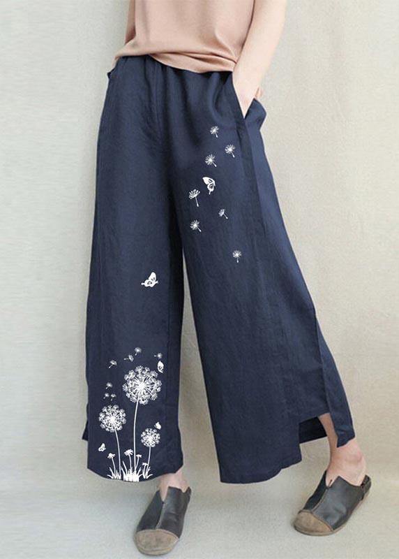 Handmade Green Bird Dandelion Wide Leg Pants Summer Cotton Linen