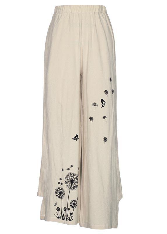 Handmade White Flowers Dandelion Wide Leg Pants Summer Cotton Linen